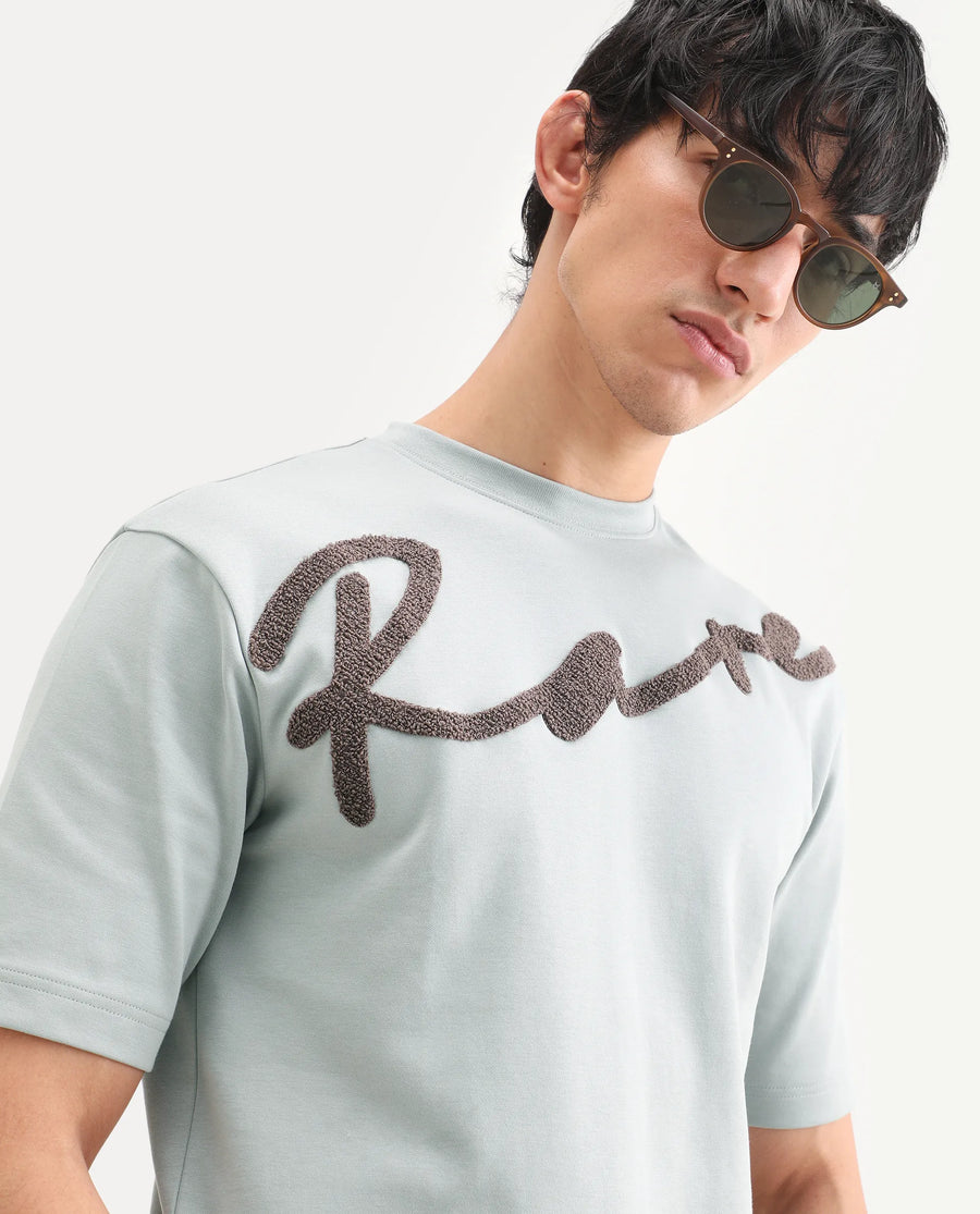 Rare Rabbit Men's Lerc-S26 Dusky Blue Cotton Blend Fabric Half Sleeve Crew Neck Oversize Embroidered T-Shirt