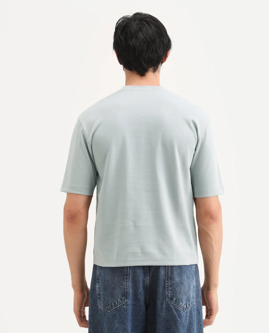 Rare Rabbit Men's Lerc-S26 Dusky Blue Cotton Blend Fabric Half Sleeve Crew Neck Oversize Embroidered T-Shirt