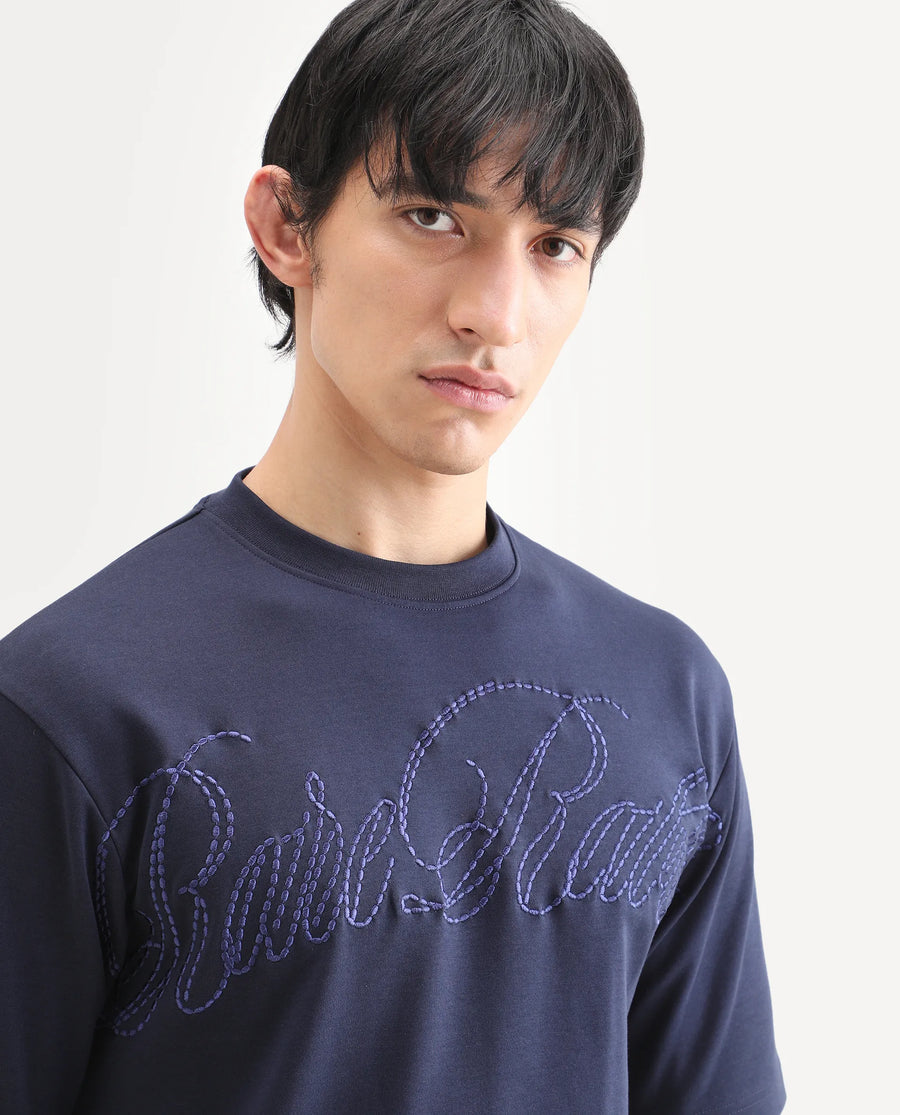 Rare Rabbit Men's Lort Dusky Navy Cotton Blend Fabric Half Sleeve Crew Neck Oversize Embroidered T-Shirt