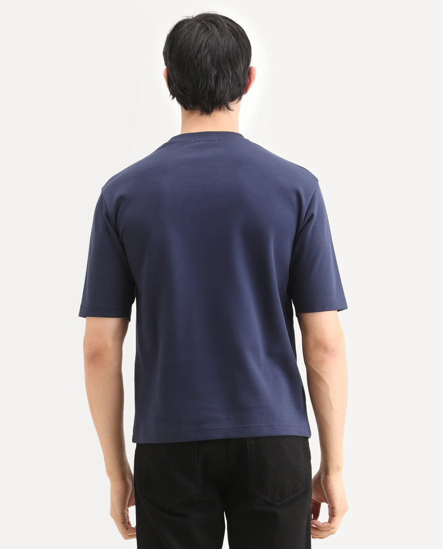 Rare Rabbit Men's Lort Dusky Navy Cotton Blend Fabric Half Sleeve Crew Neck Oversize Embroidered T-Shirt