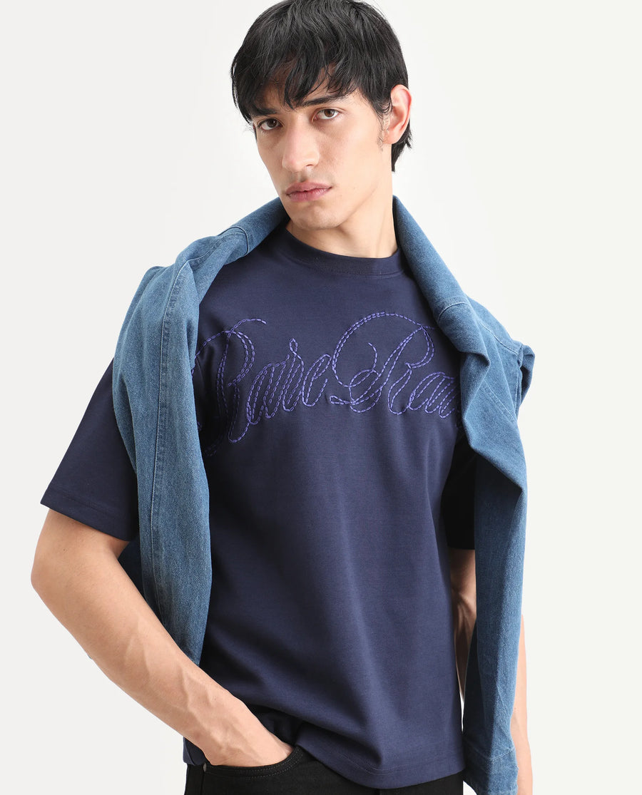 Rare Rabbit Men's Lort Dusky Navy Cotton Blend Fabric Half Sleeve Crew Neck Oversize Embroidered T-Shirt