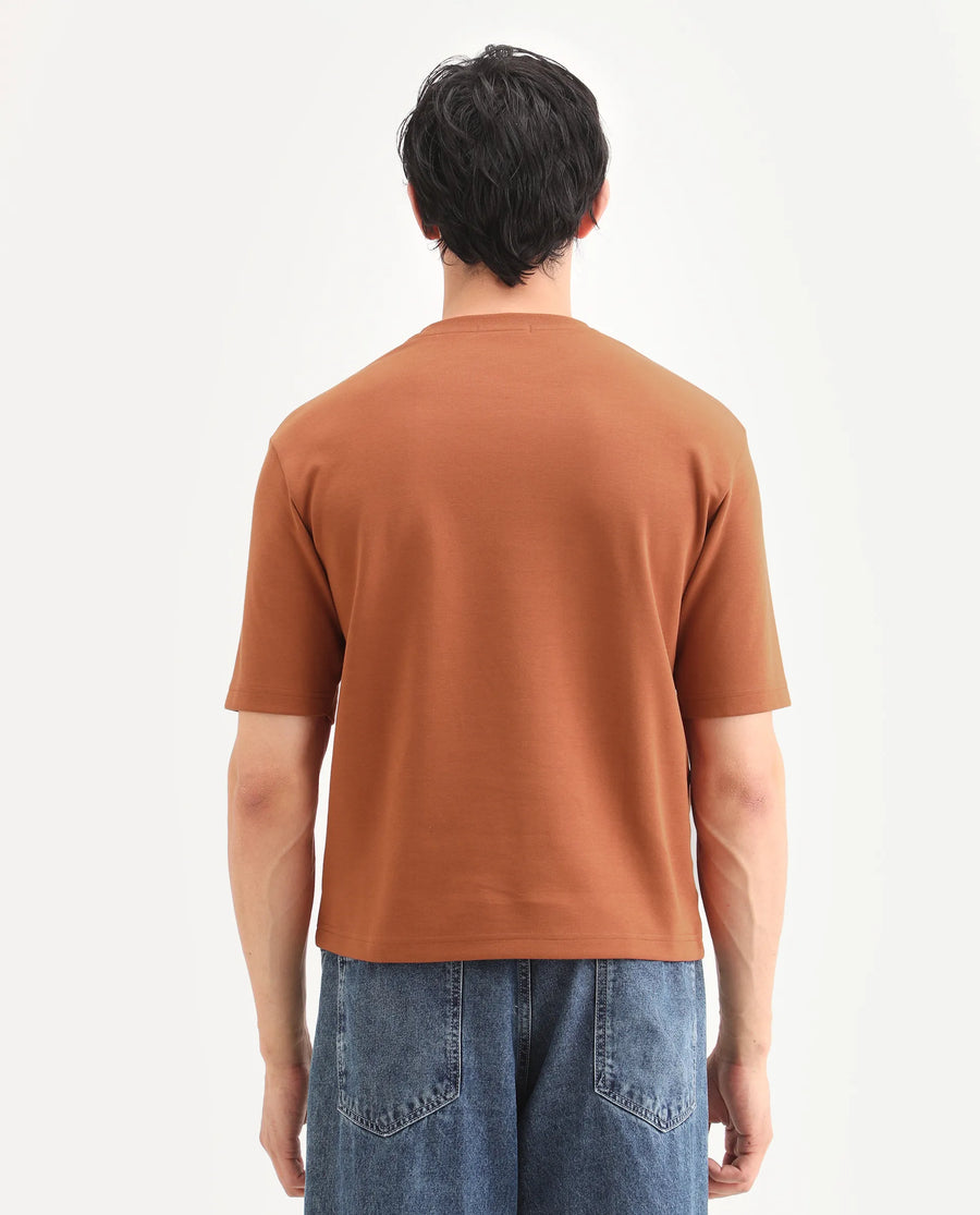 Rare Rabbit Men's Lort Dark Orange Cotton Blend Fabric Half Sleeve Crew Neck Oversize Embroidered T-Shirt