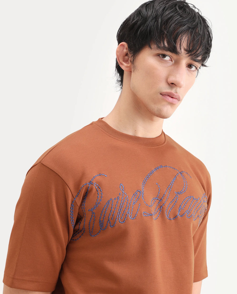 Rare Rabbit Men's Lort Dark Orange Cotton Blend Fabric Half Sleeve Crew Neck Oversize Embroidered T-Shirt