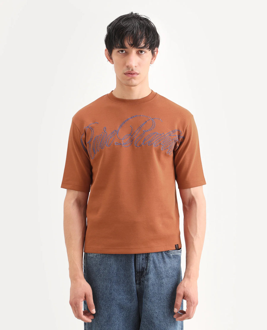 Rare Rabbit Men's Lort Dark Orange Cotton Blend Fabric Half Sleeve Crew Neck Oversize Embroidered T-Shirt