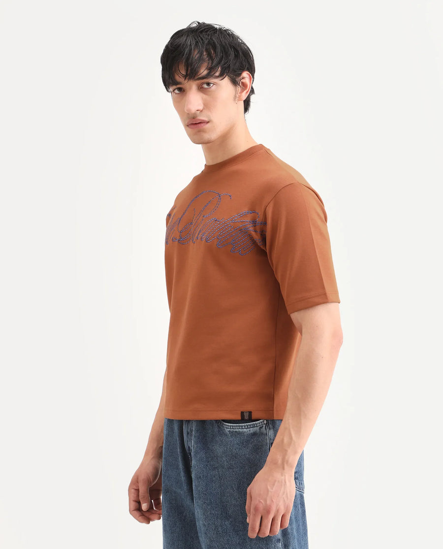 Rare Rabbit Men's Lort Dark Orange Cotton Blend Fabric Half Sleeve Crew Neck Oversize Embroidered T-Shirt