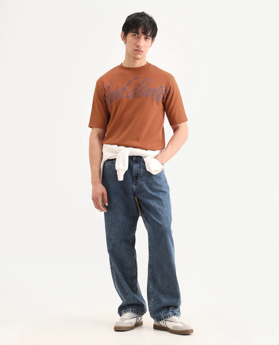Rare Rabbit Men's Lort Dark Orange Cotton Blend Fabric Half Sleeve Crew Neck Oversize Embroidered T-Shirt