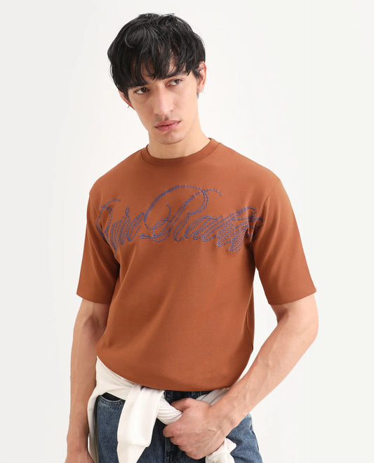 Rare Rabbit Men's Lort Dark Orange Cotton Blend Fabric Half Sleeve Crew Neck Oversize Embroidered T-Shirt