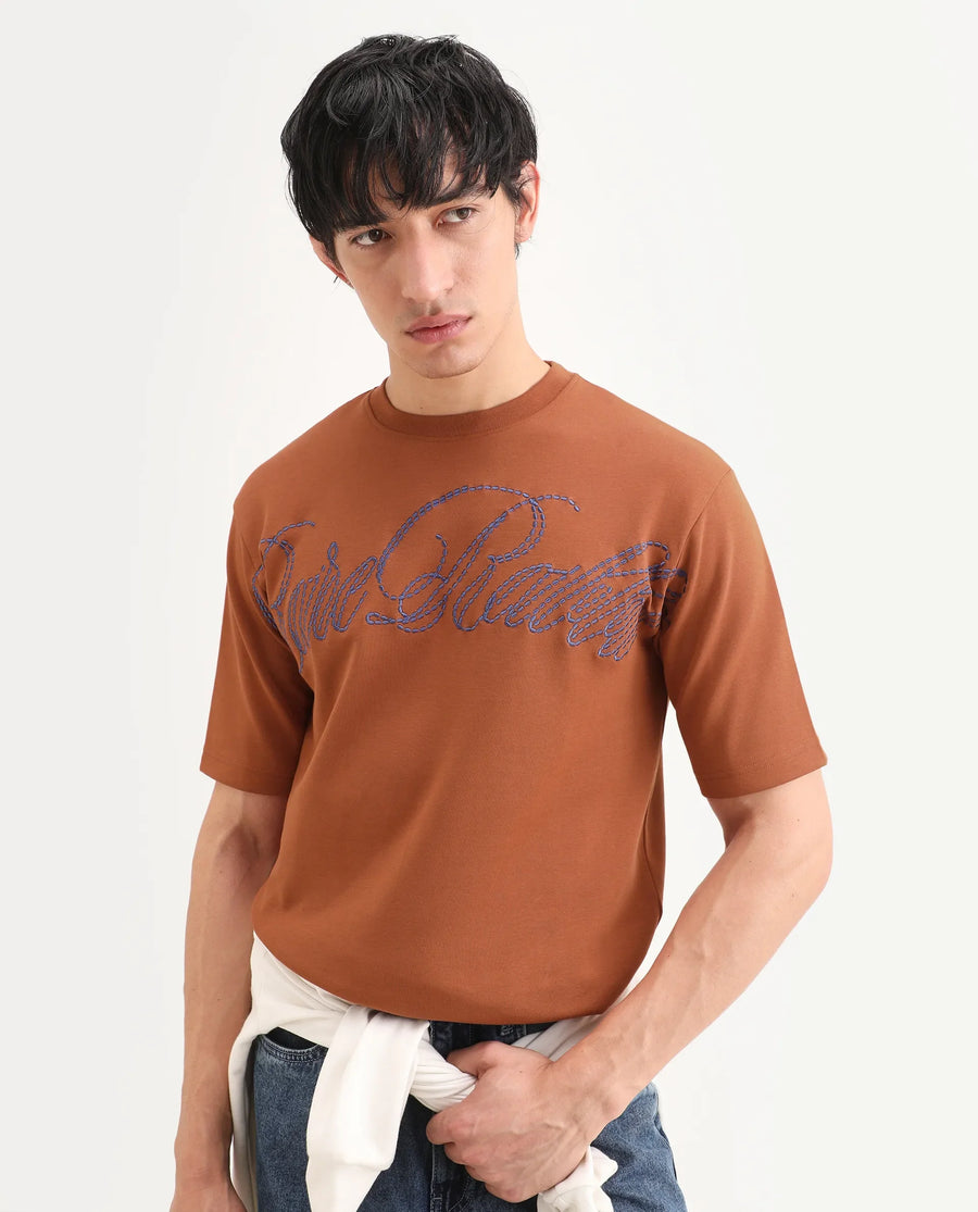 Rare Rabbit Men's Lort Dark Orange Cotton Blend Fabric Half Sleeve Crew Neck Oversize Embroidered T-Shirt
