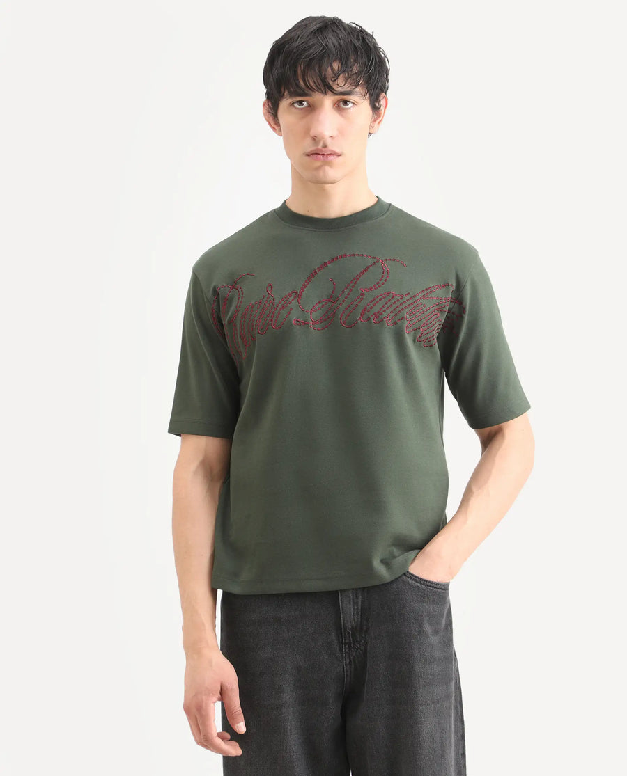 Rare Rabbit Men's Lort Dusky Green Cotton Blend Fabric Half Sleeve Crew Neck Oversize Embroidered T-Shirt