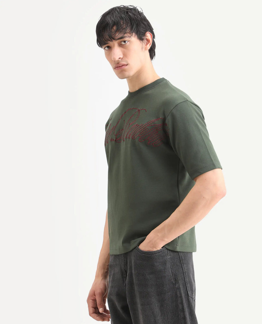Rare Rabbit Men's Lort Dusky Green Cotton Blend Fabric Half Sleeve Crew Neck Oversize Embroidered T-Shirt