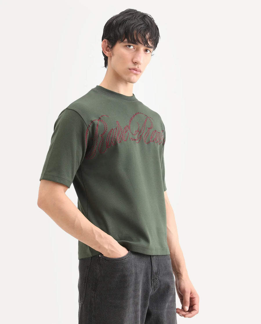 Rare Rabbit Men's Lort Dusky Green Cotton Blend Fabric Half Sleeve Crew Neck Oversize Embroidered T-Shirt