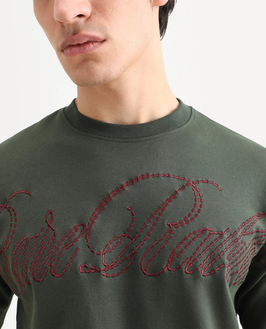 Rare Rabbit Men's Lort Dusky Green Cotton Blend Fabric Half Sleeve Crew Neck Oversize Embroidered T-Shirt