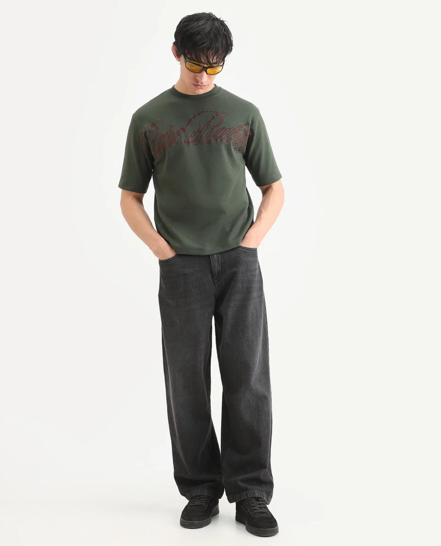 Rare Rabbit Men's Lort Dusky Green Cotton Blend Fabric Half Sleeve Crew Neck Oversize Embroidered T-Shirt
