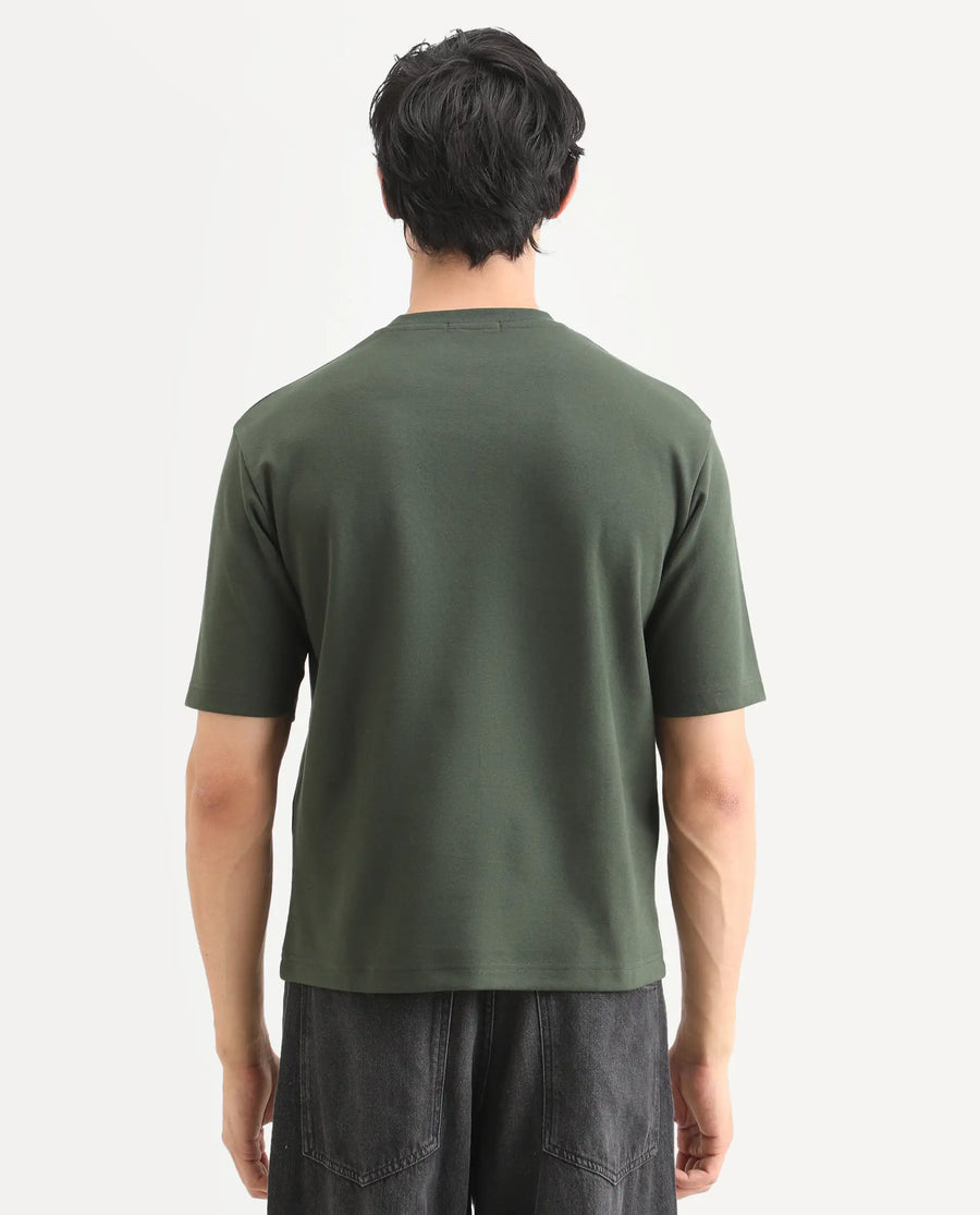 Rare Rabbit Men's Lort Dusky Green Cotton Blend Fabric Half Sleeve Crew Neck Oversize Embroidered T-Shirt
