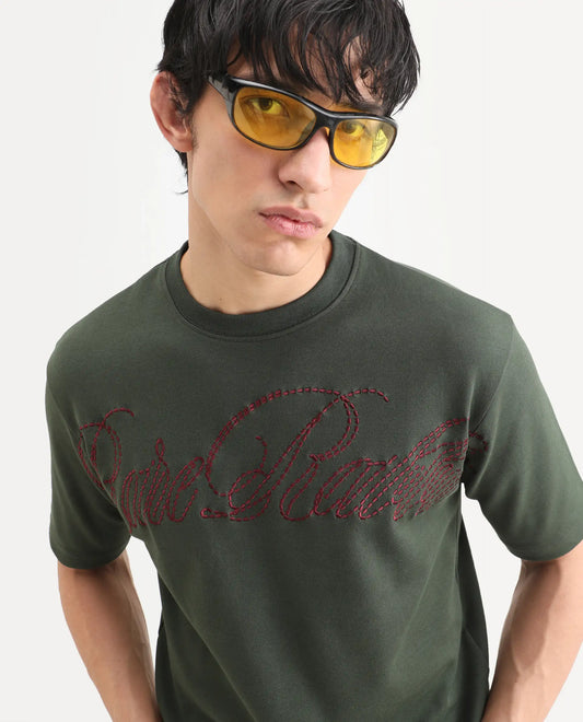 Rare Rabbit Men's Lort Dusky Green Cotton Blend Fabric Half Sleeve Crew Neck Oversize Embroidered T-Shirt