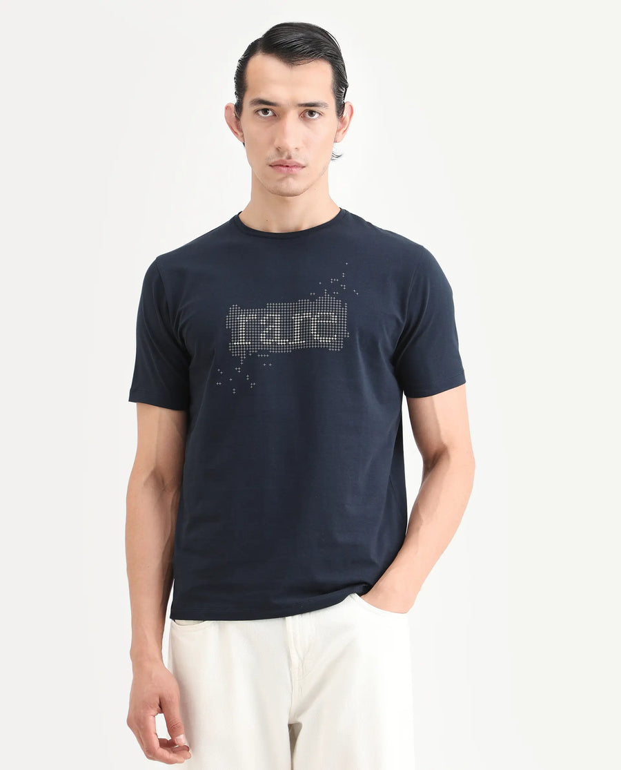 Rare Rabbit Men's Lyne Dark Navy Cotton Blend Fabric Half Sleeve Crew Neck Regular Fit Graphic Print T-Shirt