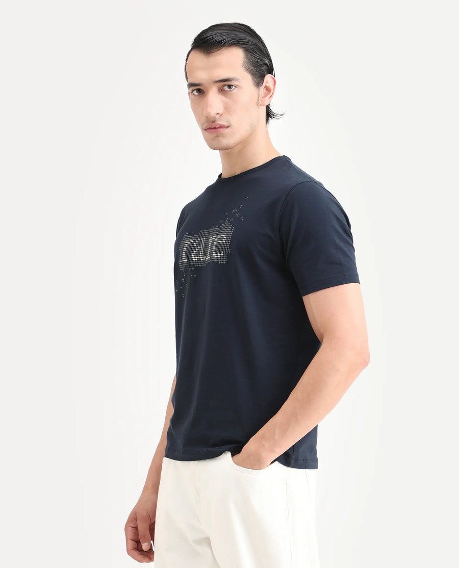 Rare Rabbit Men's Lyne Dark Navy Cotton Blend Fabric Half Sleeve Crew Neck Regular Fit Graphic Print T-Shirt
