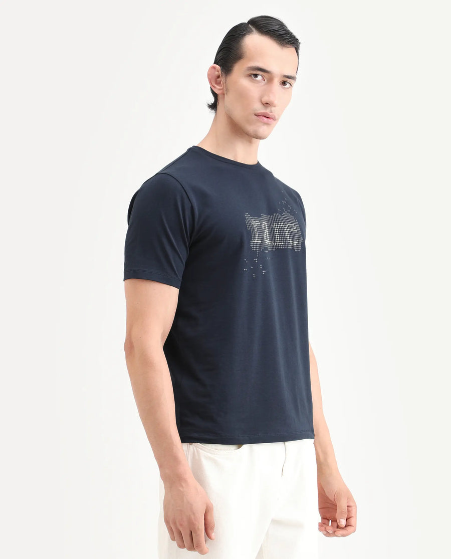 Rare Rabbit Men's Lyne Dark Navy Cotton Blend Fabric Half Sleeve Crew Neck Regular Fit Graphic Print T-Shirt