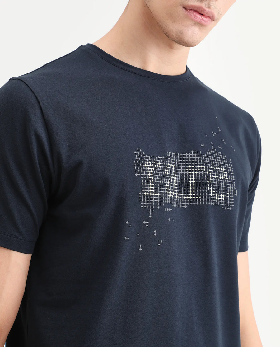 Rare Rabbit Men's Lyne Dark Navy Cotton Blend Fabric Half Sleeve Crew Neck Regular Fit Graphic Print T-Shirt