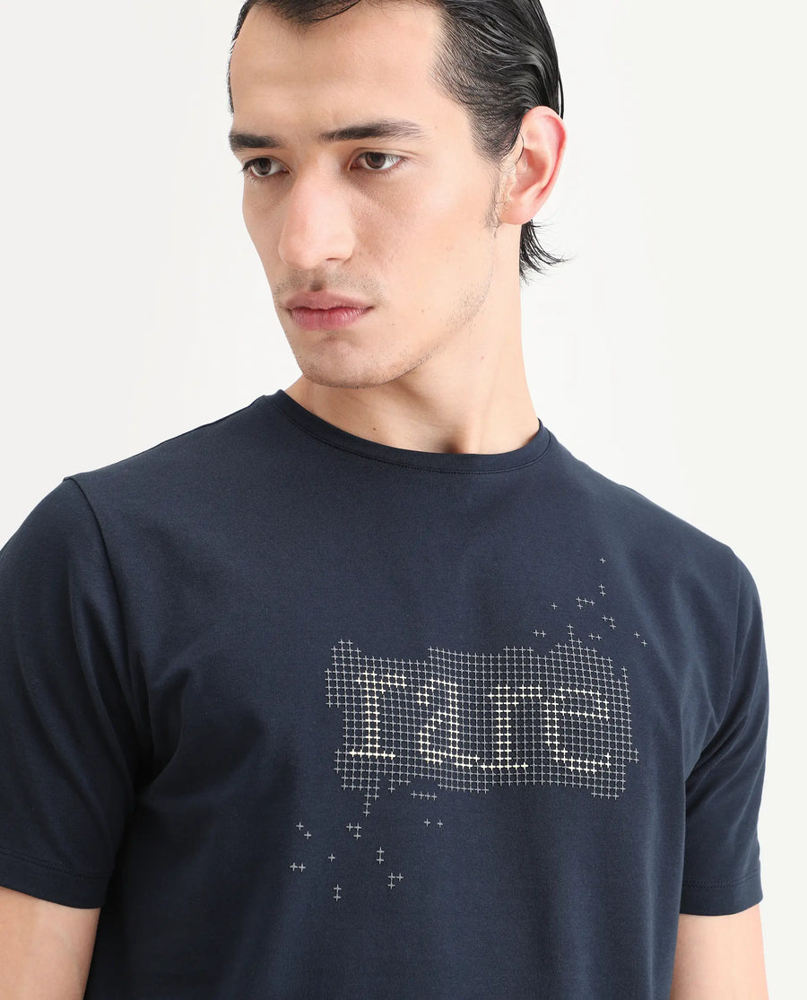 Rare Rabbit Men's Lyne Dark Navy Cotton Blend Fabric Half Sleeve Crew Neck Regular Fit Graphic Print T-Shirt