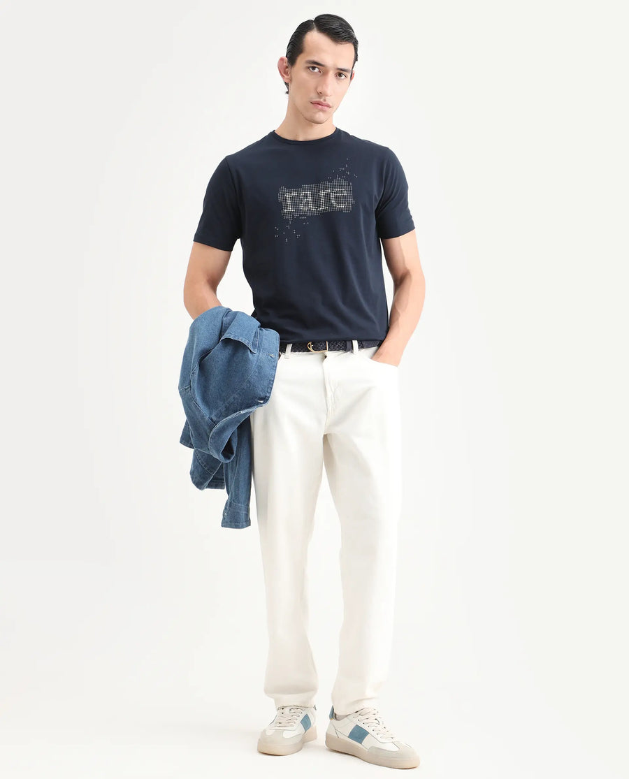 Rare Rabbit Men's Lyne Dark Navy Cotton Blend Fabric Half Sleeve Crew Neck Regular Fit Graphic Print T-Shirt