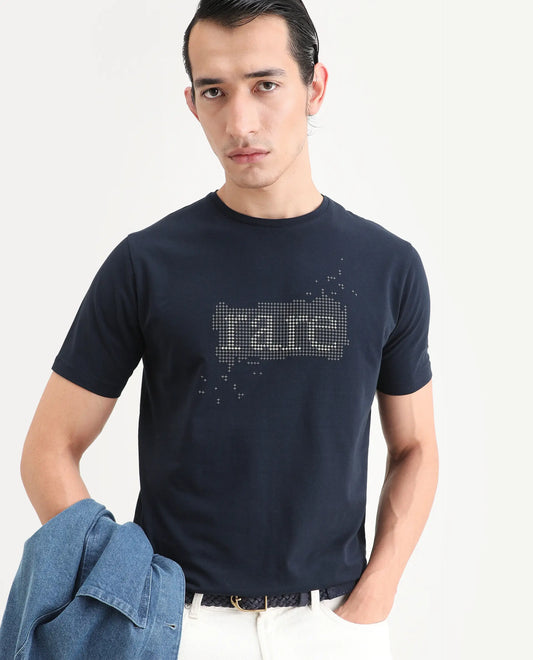 Rare Rabbit Men's Lyne Dark Navy Cotton Blend Fabric Half Sleeve Crew Neck Regular Fit Graphic Print T-Shirt