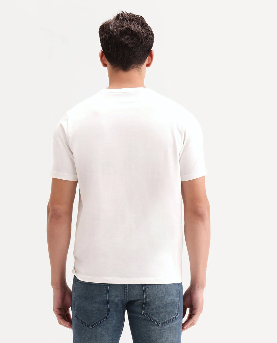 Rare Rabbit Men's Ments Off White Cotton Blend Fabric Half Sleeve Crew Neck Regular Fit Graphic Print T-Shirt