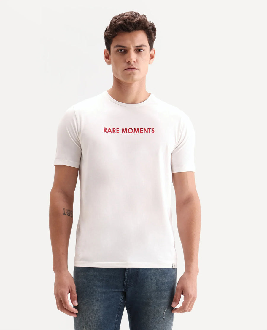 Rare Rabbit Men's Ments Off White Cotton Blend Fabric Half Sleeve Crew Neck Regular Fit Graphic Print T-Shirt