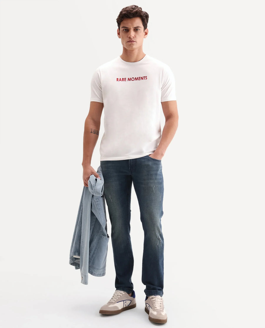 Rare Rabbit Men's Ments Off White Cotton Blend Fabric Half Sleeve Crew Neck Regular Fit Graphic Print T-Shirt
