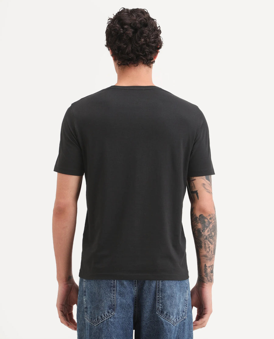 Rare Rabbit Men's Ments Black Cotton Blend Fabric Half Sleeve Crew Neck Regular Fit Graphic Print T-Shirt