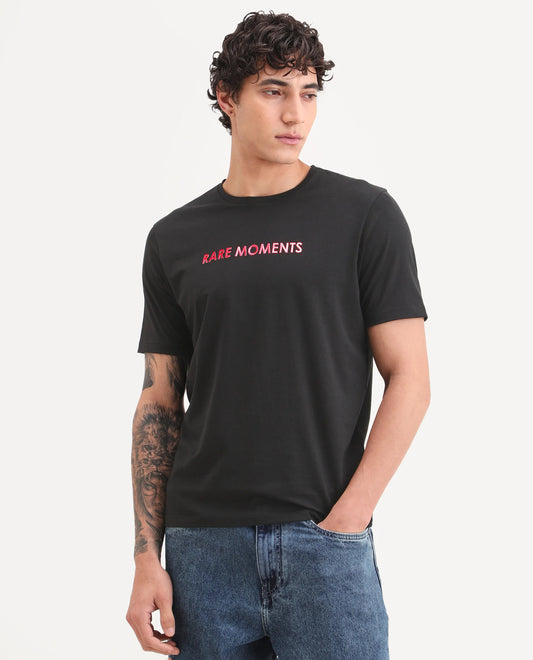 Rare Rabbit Men's Ments Black Cotton Blend Fabric Half Sleeve Crew Neck Regular Fit Graphic Print T-Shirt
