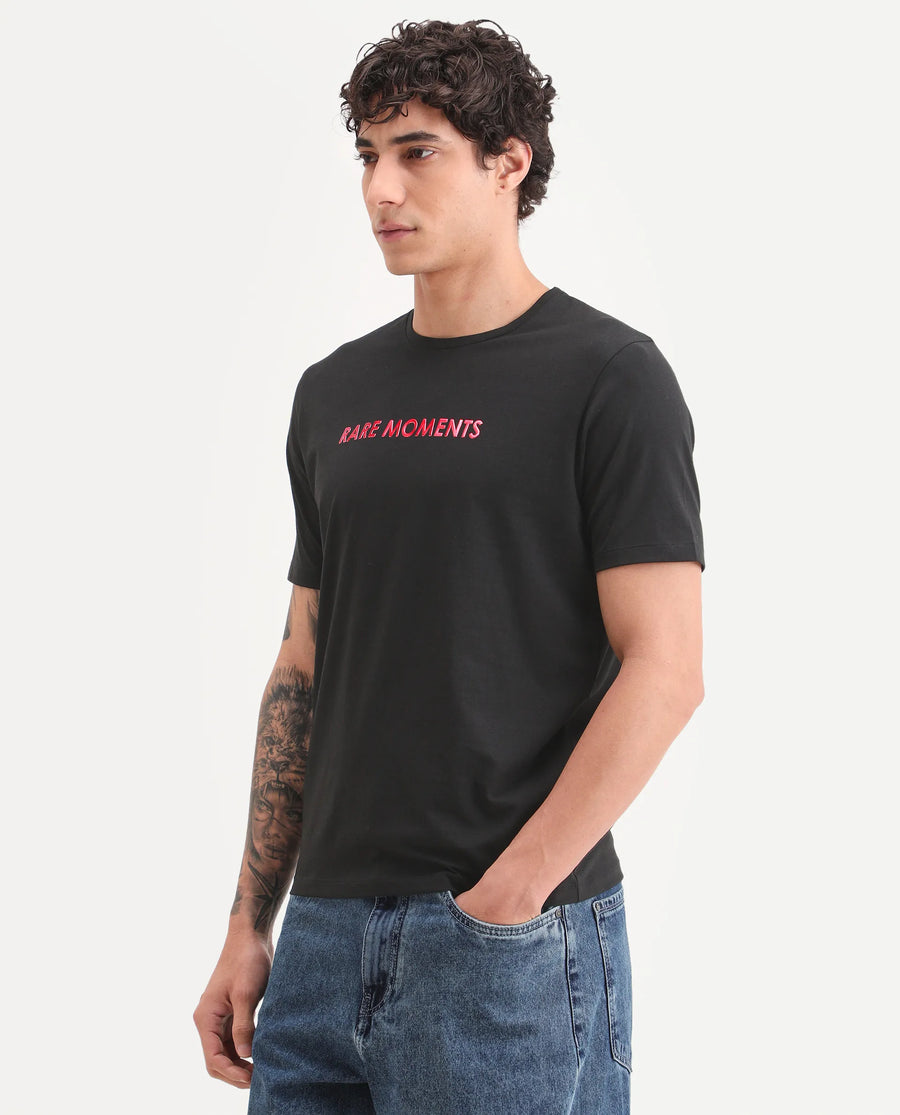 Rare Rabbit Men's Ments Black Cotton Blend Fabric Half Sleeve Crew Neck Regular Fit Graphic Print T-Shirt