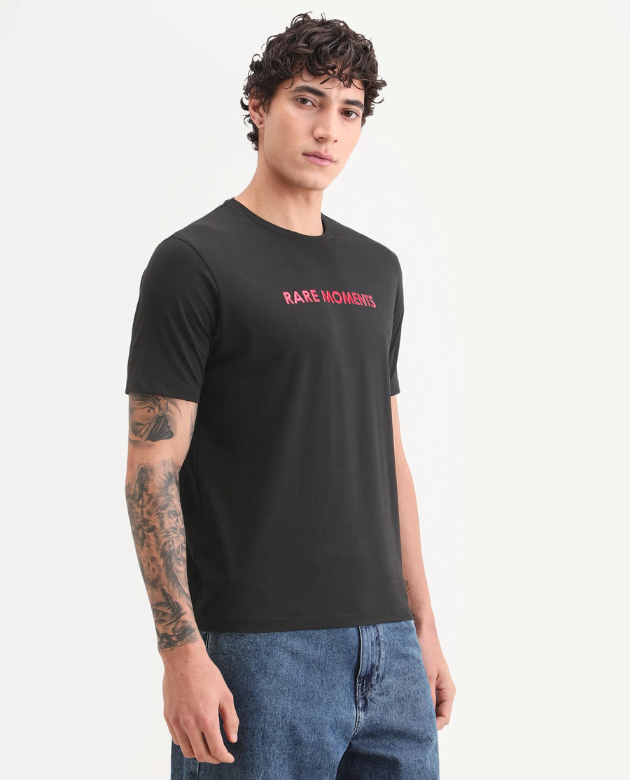 Rare Rabbit Men's Ments Black Cotton Blend Fabric Half Sleeve Crew Neck Regular Fit Graphic Print T-Shirt