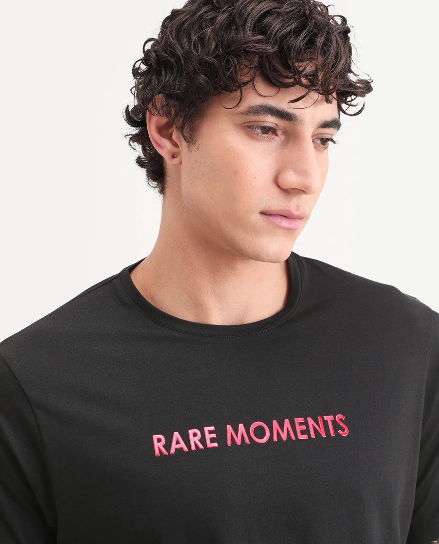 Rare Rabbit Men's Ments Black Cotton Blend Fabric Half Sleeve Crew Neck Regular Fit Graphic Print T-Shirt