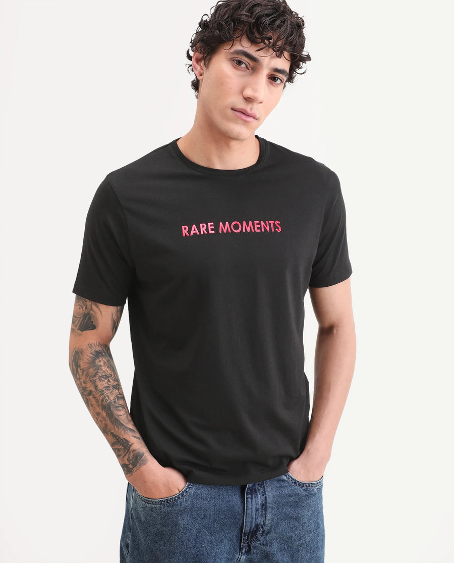 Rare Rabbit Men's Ments Black Cotton Blend Fabric Half Sleeve Crew Neck Regular Fit Graphic Print T-Shirt