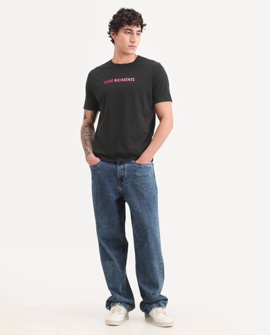 Rare Rabbit Men's Ments Black Cotton Blend Fabric Half Sleeve Crew Neck Regular Fit Graphic Print T-Shirt