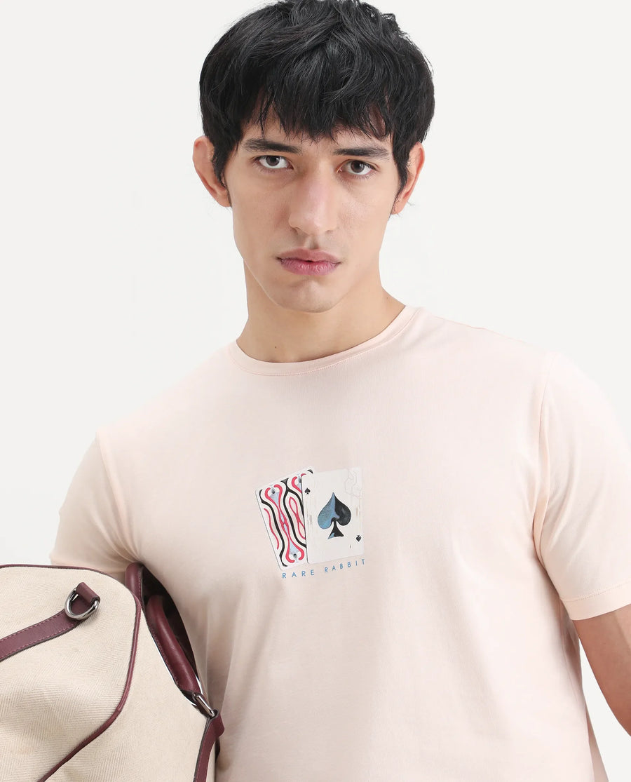 Rare Rabbit Men's Mich Pastel Peach Cotton Blend Fabric Half Sleeve Crew Neck Regular Fit Graphic Print T-Shirt