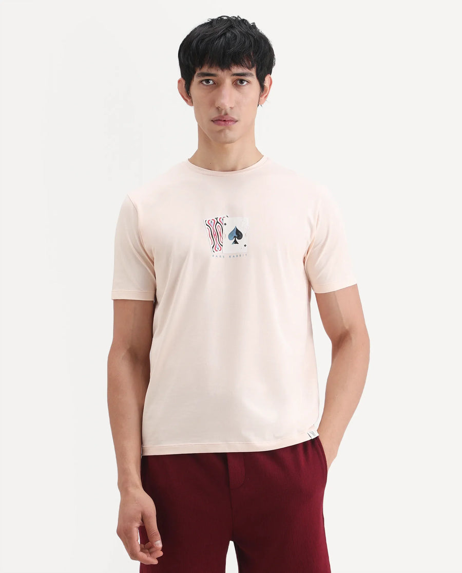Rare Rabbit Men's Mich Pastel Peach Cotton Blend Fabric Half Sleeve Crew Neck Regular Fit Graphic Print T-Shirt