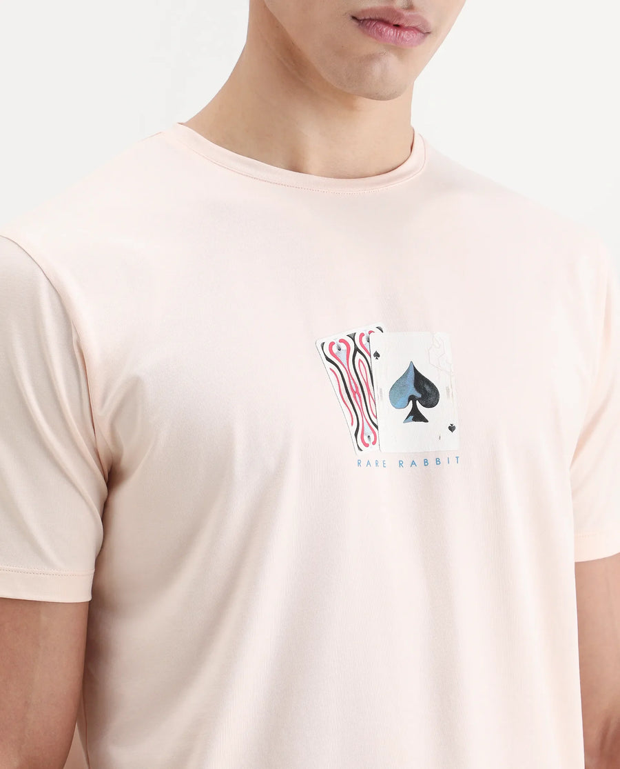 Rare Rabbit Men's Mich Pastel Peach Cotton Blend Fabric Half Sleeve Crew Neck Regular Fit Graphic Print T-Shirt
