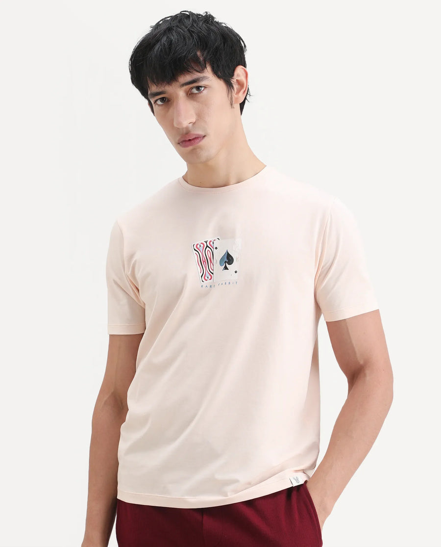 Rare Rabbit Men's Mich Pastel Peach Cotton Blend Fabric Half Sleeve Crew Neck Regular Fit Graphic Print T-Shirt