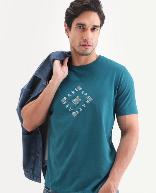 Rare Rabbit Men's Mich Flouroscent Blue Cotton Blend Fabric Half Sleeve Crew Neck Regular Fit Graphic Print T-Shirt