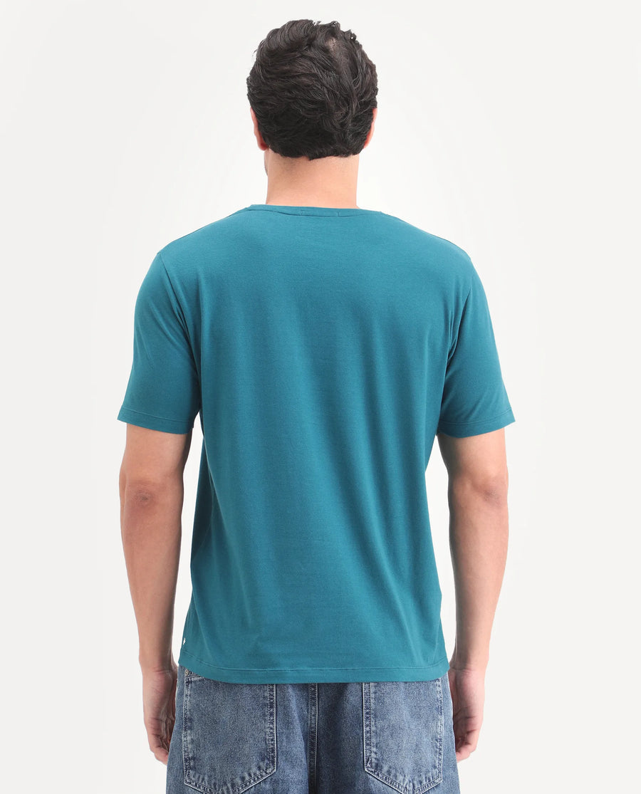 Rare Rabbit Men's Mich Flouroscent Blue Cotton Blend Fabric Half Sleeve Crew Neck Regular Fit Graphic Print T-Shirt