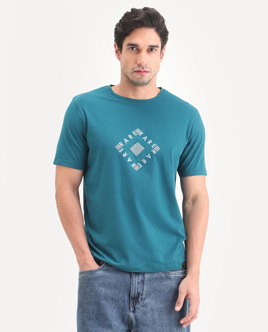 Rare Rabbit Men's Mich Flouroscent Blue Cotton Blend Fabric Half Sleeve Crew Neck Regular Fit Graphic Print T-Shirt