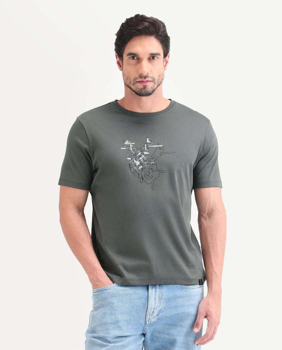 Rare Rabbit Men's Nabo Grey Cotton Fabric Half Sleeve Crew Neck Regular Fit Graphic Print T-Shirt