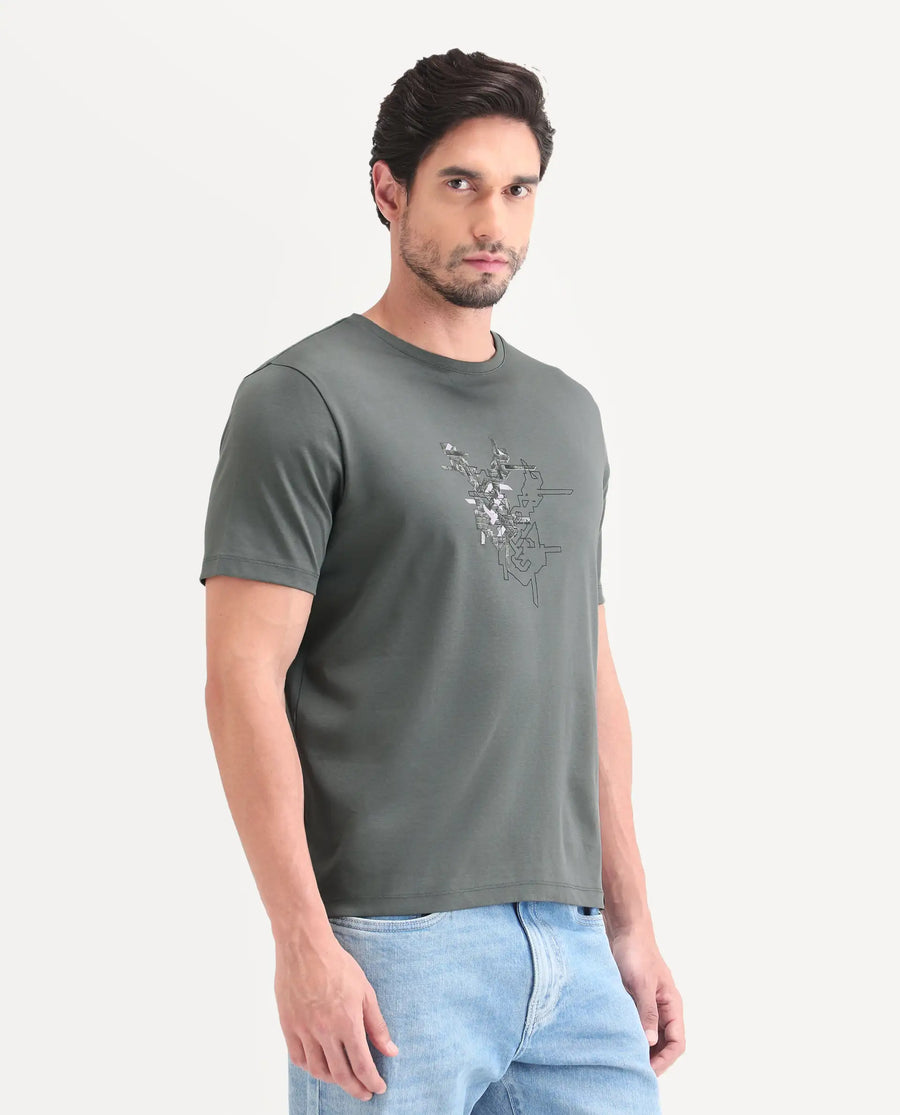 Rare Rabbit Men's Nabo Grey Cotton Fabric Half Sleeve Crew Neck Regular Fit Graphic Print T-Shirt