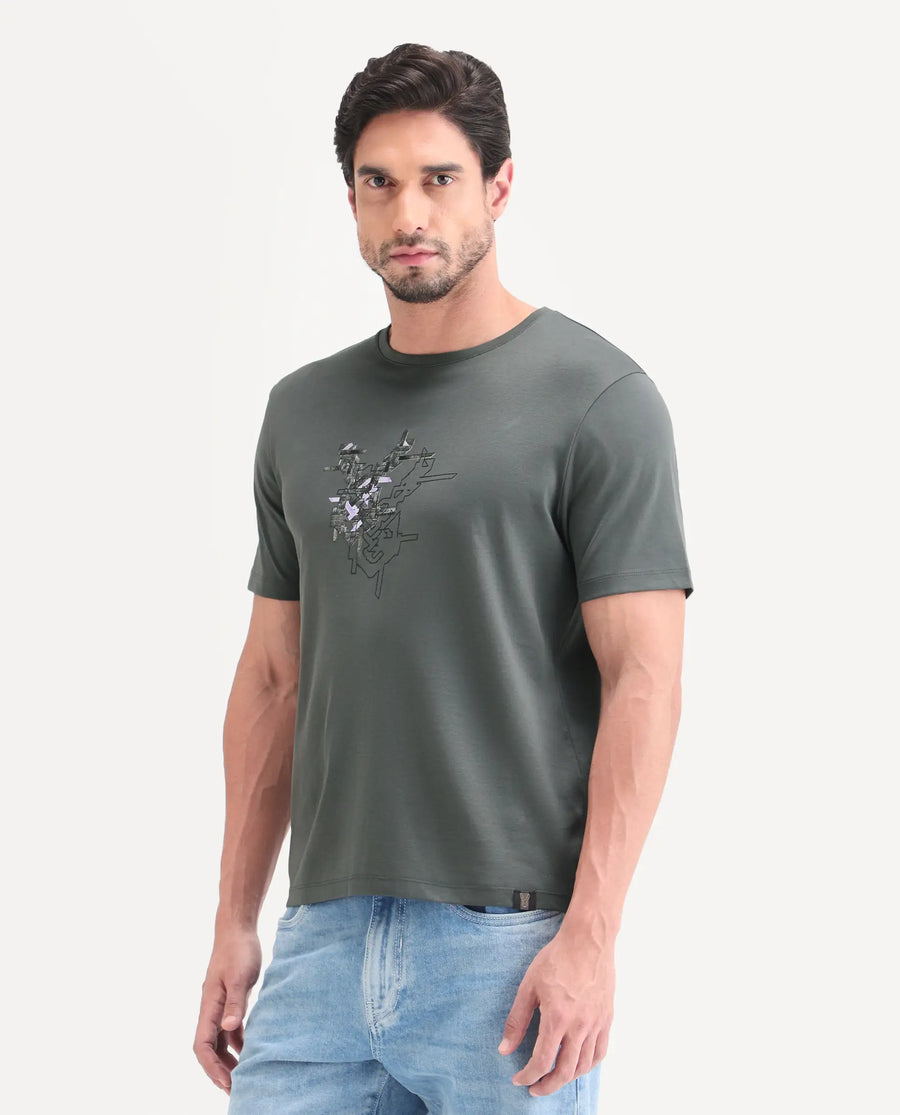 Rare Rabbit Men's Nabo Grey Cotton Fabric Half Sleeve Crew Neck Regular Fit Graphic Print T-Shirt