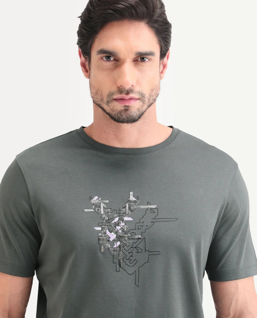 Rare Rabbit Men's Nabo Grey Cotton Fabric Half Sleeve Crew Neck Regular Fit Graphic Print T-Shirt