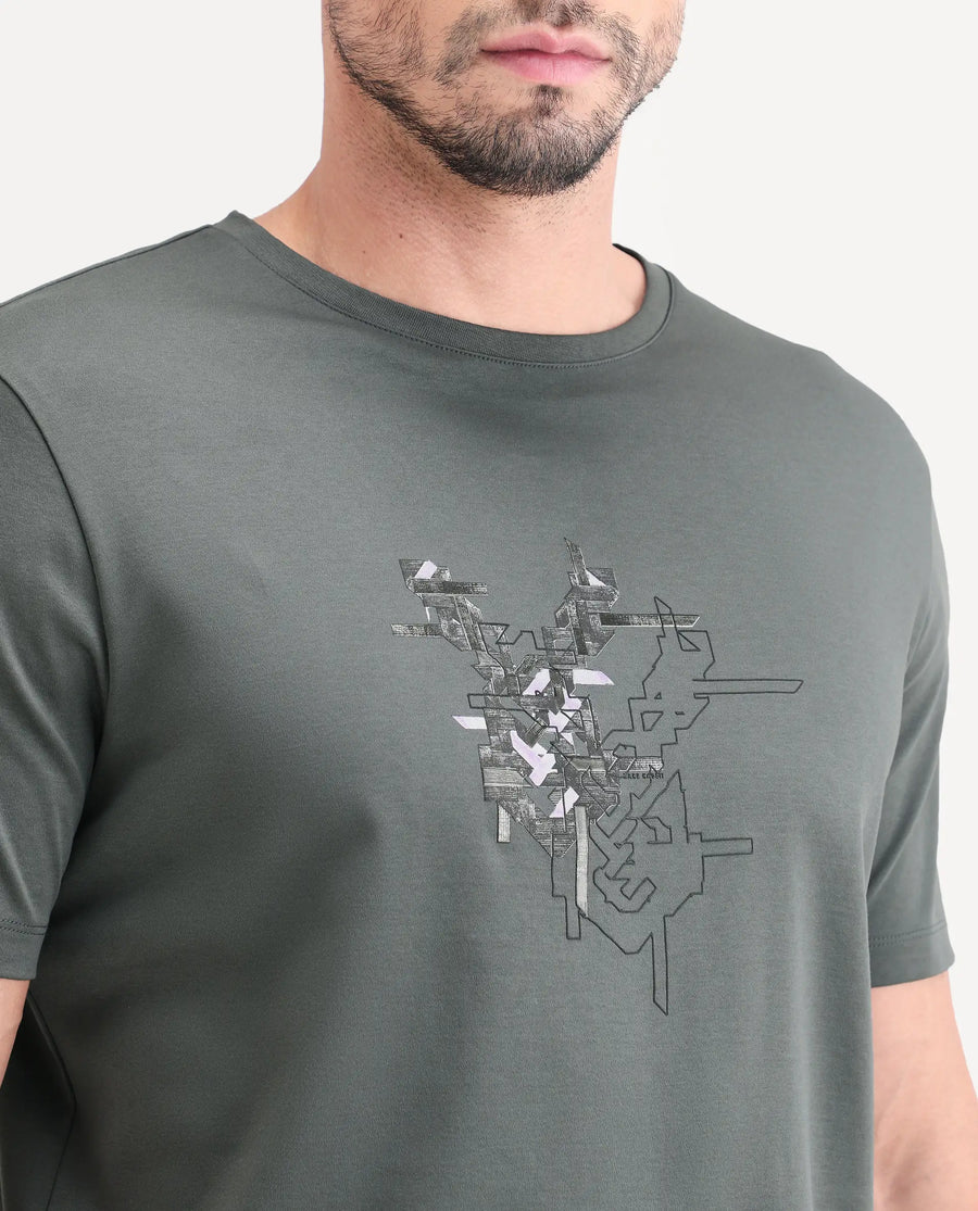 Rare Rabbit Men's Nabo Grey Cotton Fabric Half Sleeve Crew Neck Regular Fit Graphic Print T-Shirt