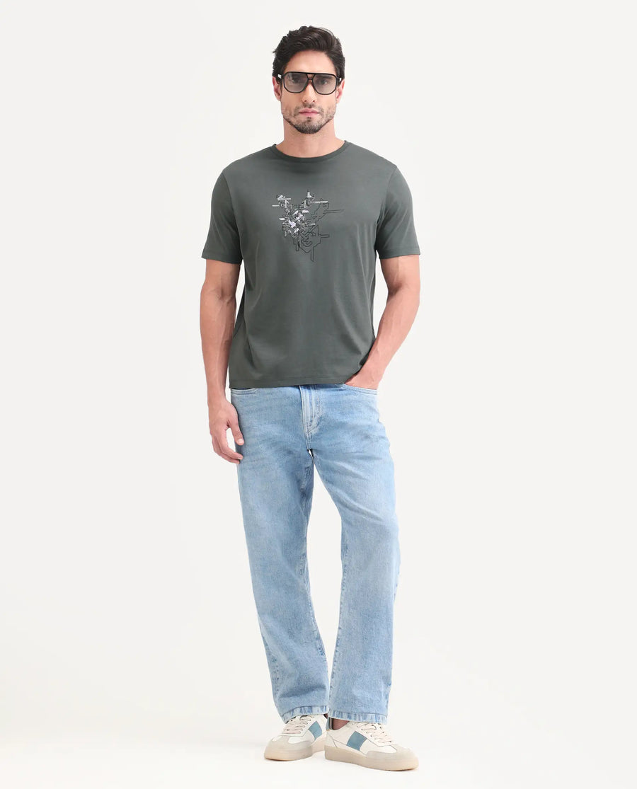 Rare Rabbit Men's Nabo Grey Cotton Fabric Half Sleeve Crew Neck Regular Fit Graphic Print T-Shirt
