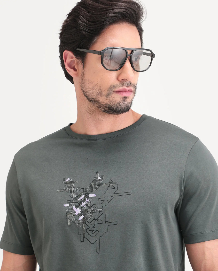 Rare Rabbit Men's Nabo Grey Cotton Fabric Half Sleeve Crew Neck Regular Fit Graphic Print T-Shirt